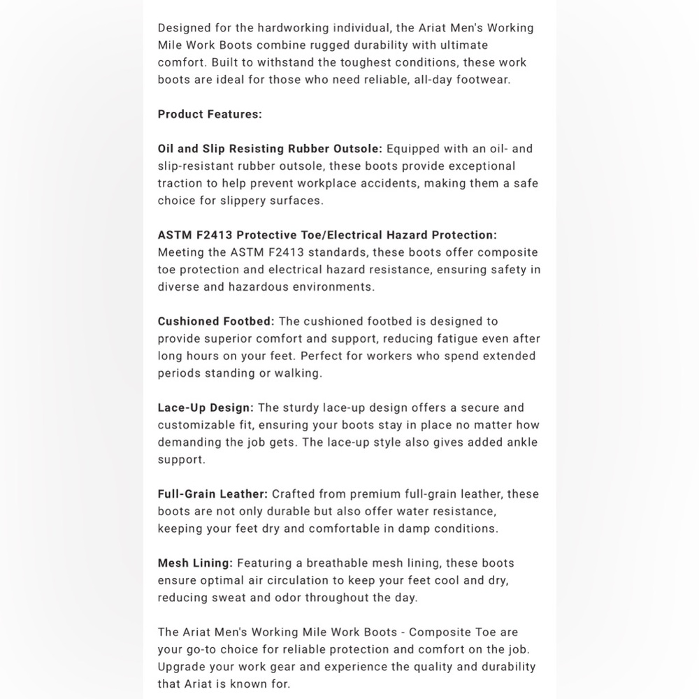 Ariat Composite Toe Working Mile Work Boot/Shoe S… - image 7